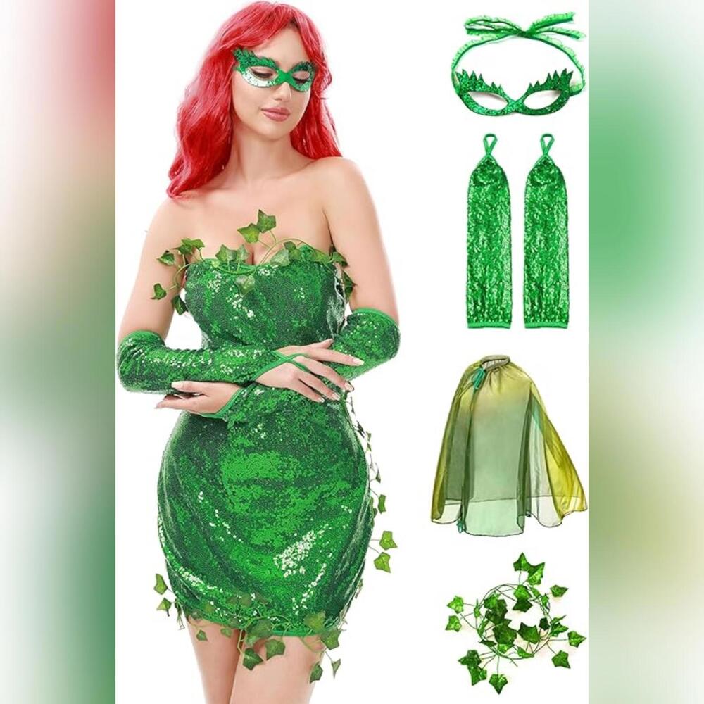 NWT Funna Poison Ivy Outfit, 5Pc, Ivy, Dress, Mask, Gloves, Cape, Small (4-6)